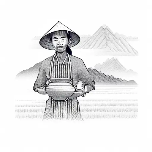 valley with rice field and farmer wearing a tradition Vietnamese hat on back tattoo design idea