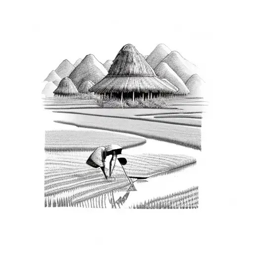large valley with rice field, small river, sillouhette of a farmer wearing a tradition Vietnamese hat on back tattoo design idea