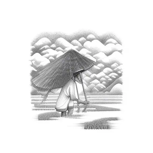 valley with rice field and farmer wearing a tradition Vietnamese hat tattoo design idea