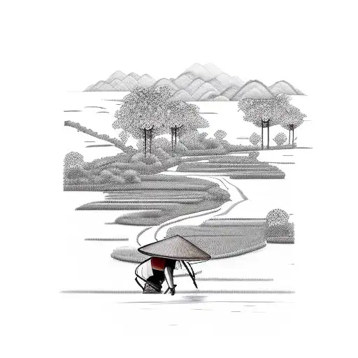 large valley with rice field, small river, sillouhette of a farmer wearing a tradition Vietnamese hat on someones back tattoo design idea
