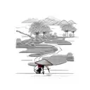 large valley with rice field, small river, sillouhette of a farmer wearing a tradition Vietnamese hat on someones back tattoo design idea