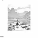 large valley with rice field, small river, sillouhette of a farmer wearing a tradition Vietnamese hat on someones back tattoo design idea