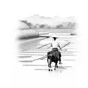 large valley with rice field, small river, sillouhette of a farmer wearing a tradition Vietnamese hat on someones back tattoo design idea