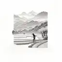 large valley with rice field, small river, sillouhette of a farmer wearing a tradition Vietnamese hat on someones back tattoo design idea