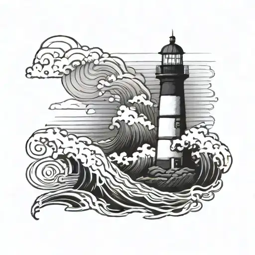 lighthouse black ink thick lines stippling ocean waves on shoulder tattoo design idea