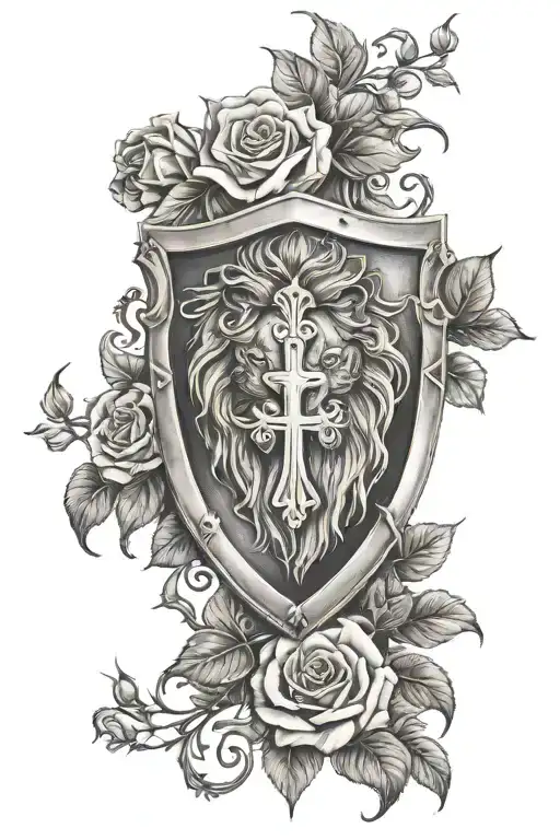 cross shield with lion and rose growing tattoo design idea