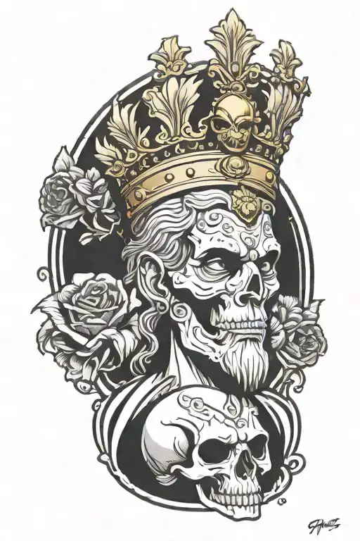 greak god with toga and skull head with gold leaf crown  tattoo design idea
