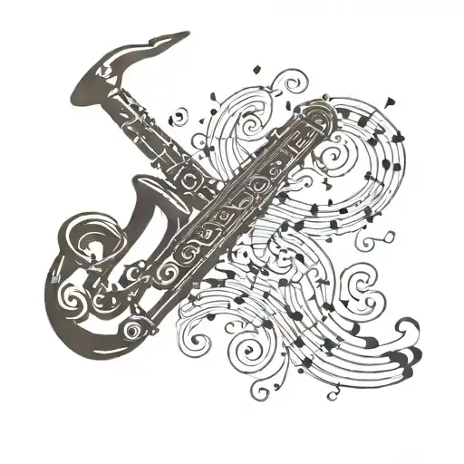 A minimalist design of a saxophone with musical notes swirling around it tattoo design idea
