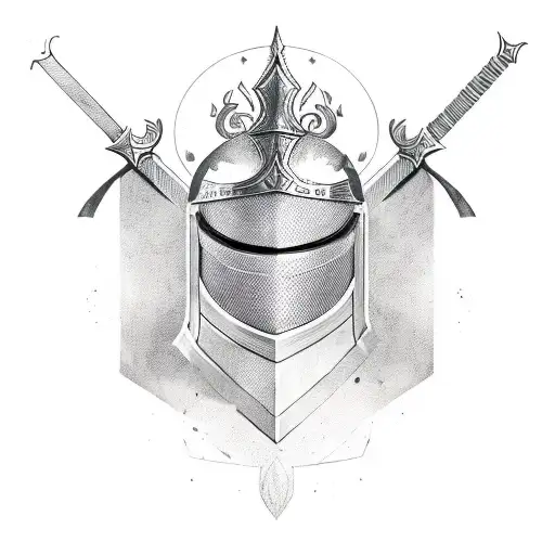 knights helmet, with a sword running through it, everything is worn down and cracked  tattoo design idea