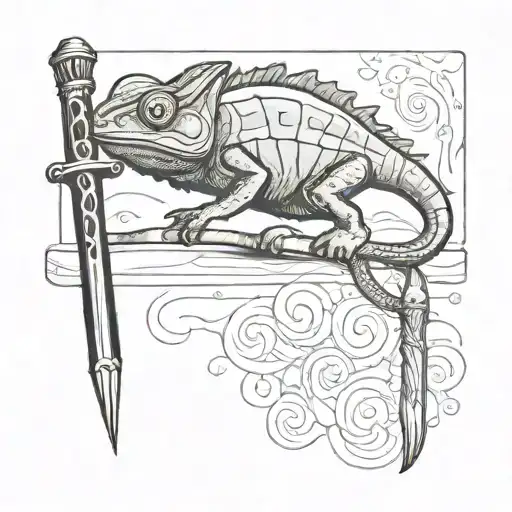 chameleon walking over  fountain pen that turns into a sword tattoo design idea