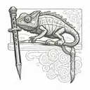 chameleon walking over  fountain pen that turns into a sword tattoo design idea