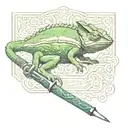 chameleon walking over  fountain pen that turns into a sword tattoo design idea