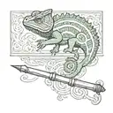 chameleon walking over  fountain pen that turns into a sword tattoo design idea