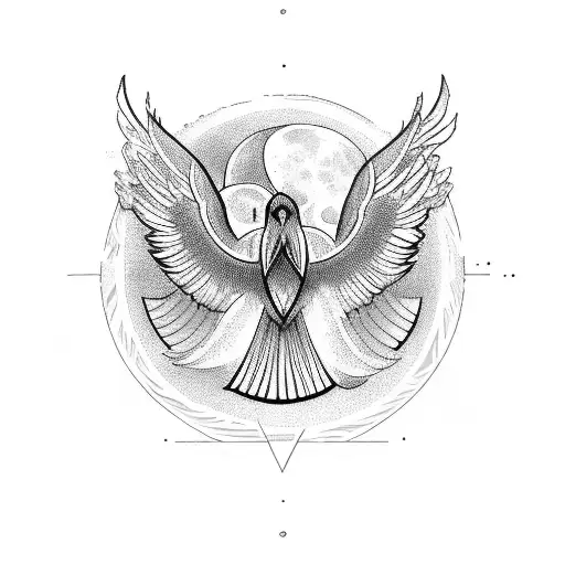 symmetrical Geometric Phoenix flying towards full moon tattoo design idea