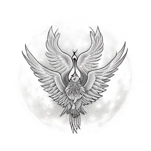 symetrical Geometric Phoenix flying towards full moon tattoo design idea
