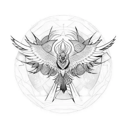 symetrical Geometric Phoenix flying towards full moon tattoo design idea