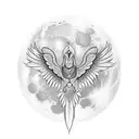 symmetrical Geometric Phoenix flying towards Photorealistic full moon tattoo design idea