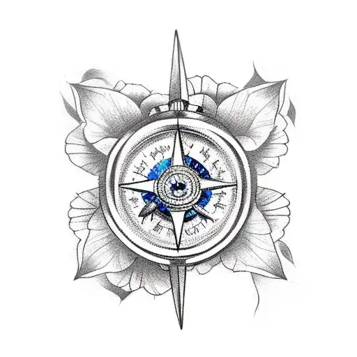 broken Compass with large flowers and butterflies  tattoo design idea