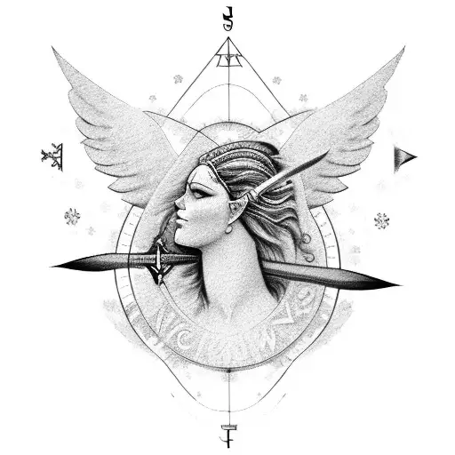 beautiful darkhaired female valkyrie head in front of a Nordic compass and crossed spears in snowy weather tattoo design idea