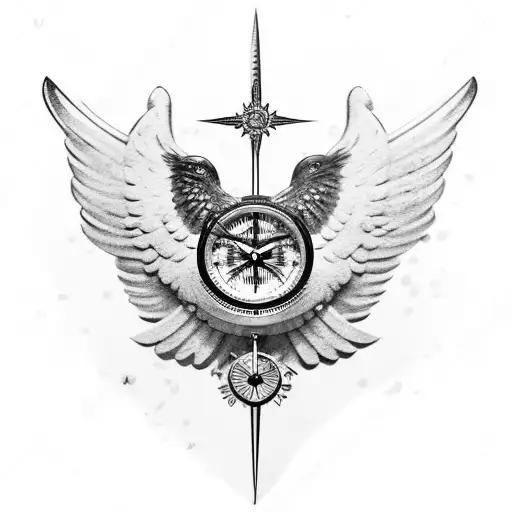 beautiful darkhaired female valkyrie head in front of a Nordic compass and crossed spears in snowy weather tattoo design idea