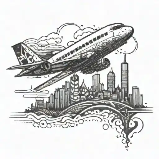 An airplane flying over a city skyline made of whiskey bottles tattoo design idea