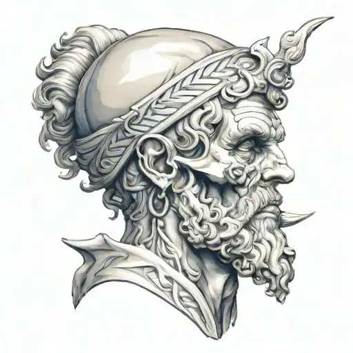 Greek god Zeus on hand where half his face becomes a skull and makes the fingers bones as well his good side having blue tattoo design idea