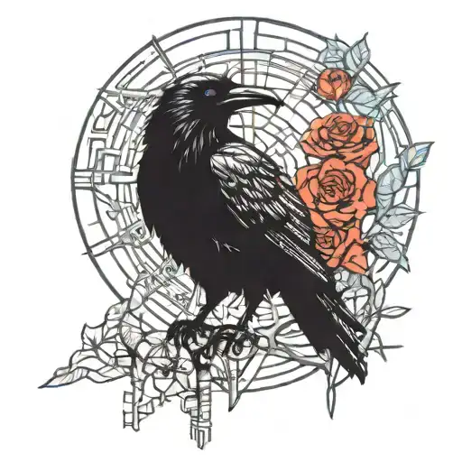 black raven, tree and red roses tattoo design idea