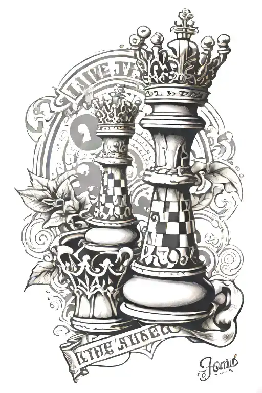 in foreground king chess piece, crown, words"live life like it's chess". in background make it creative but simple  tattoo design idea