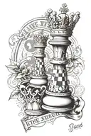 in foreground king chess piece, crown, words"live life like it's chess". in background make it creative but simple  tattoo design idea