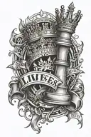 in foreground king chess piece, crown, words"live life like it's chess". in background make it creative but simple  tattoo design idea