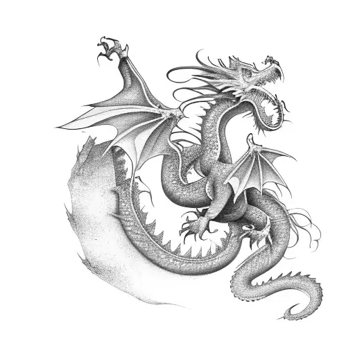 feminine dragon in flight from gods view with some type of extra magical accents or sparkles tattoo design idea