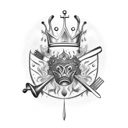 A crown made of cooking utensils surrounded by flames tattoo design idea