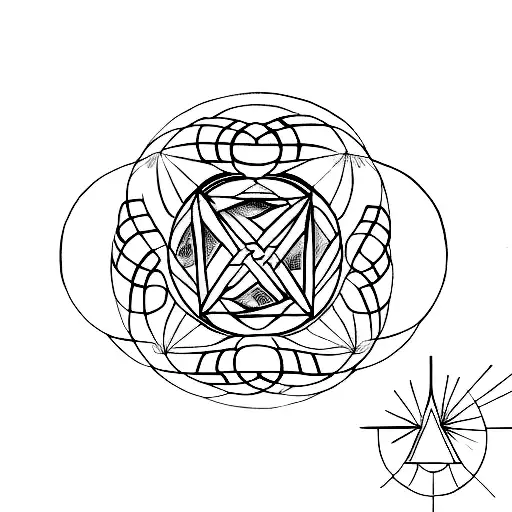 A geometric tattoo of the Metatron's Cube with flames and Fibonacci patterns tattoo design idea