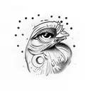 human eye with a chicken and a compus with polka dots and a spanner  tattoo design idea