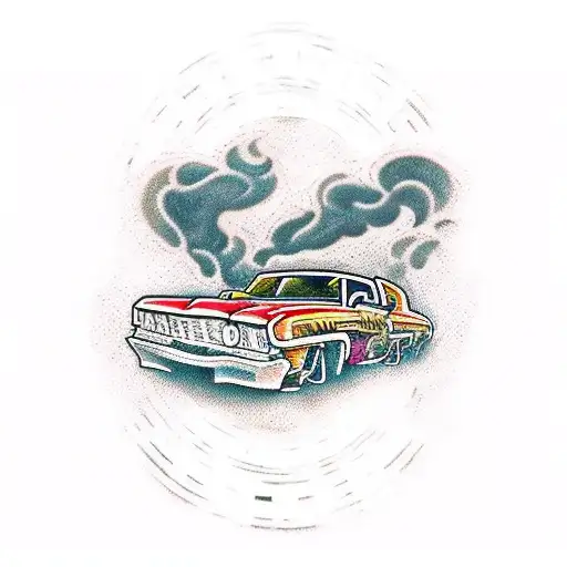 A traditional tattoo design of a rap battle scene with lowrider cars parked nearby tattoo design idea