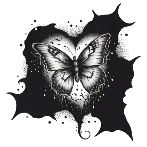 A dotwork tattoo of a broken heart being mended by delicate butterfly wings tattoo design idea