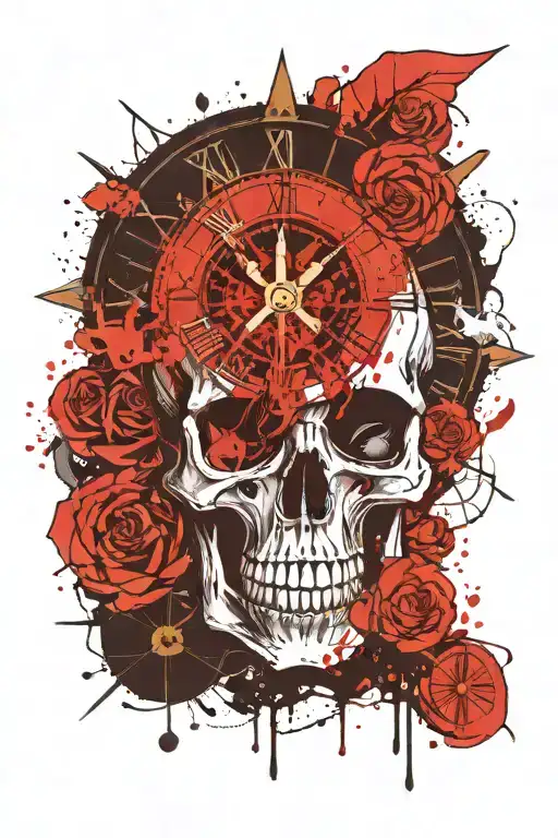skull with roman numeral clock on the front, king and As card behind at the top of the skull, wind rose, compass tattoo design idea