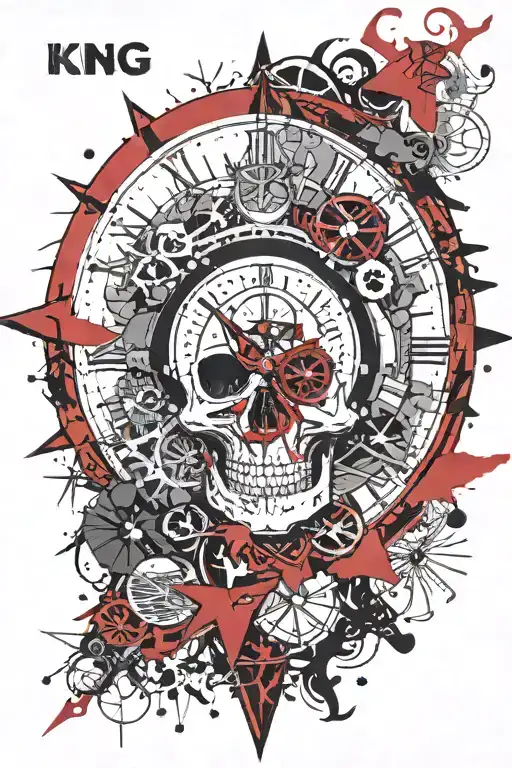skull and roman numeral clock, king and As card, wind rose, compass tattoo design idea
