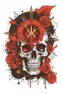 skull with roman numeral clock on the front, king and As card behind at the top of the skull, wind rose, compass tattoo design idea