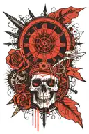 skull with roman numeral clock on the front, king and As card behind at the top of the skull, wind rose, compass tattoo design idea