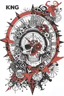 skull and roman numeral clock, king and As card, wind rose, compass tattoo design idea