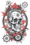 skull and roman numeral clock, king and As card, wind rose, compass tattoo design idea