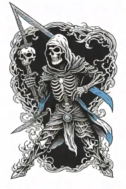 Hooded Skelletonwarrior holding a Skull in right Hand and a blue burning sword in the left Hand pointing to the Ground. tattoo design idea