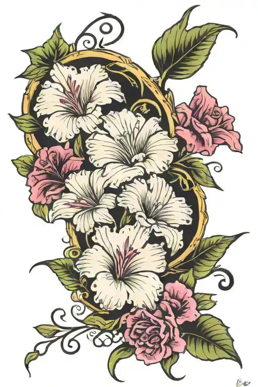Serenity prayer with morning glories, gladiolus, and carnations  tattoo design idea