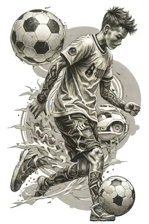 Boy walking backwards with soccer ball under his arm and an 8 on the back of his shirt tattoo design idea