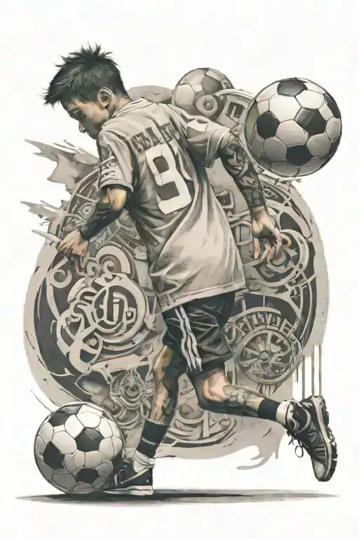 Boy walking backwards with soccer ball under his arm and an 8 on the back of his shirt tattoo design idea