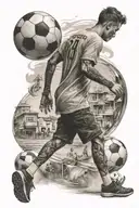 Boy walking backwards with soccer ball under his arm and an 8 on the back of his shirt tattoo design idea