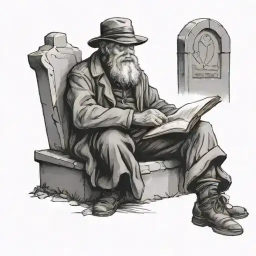 an old bearded irish peasant sitting against a tombstone with a journal in his lap tattoo design idea