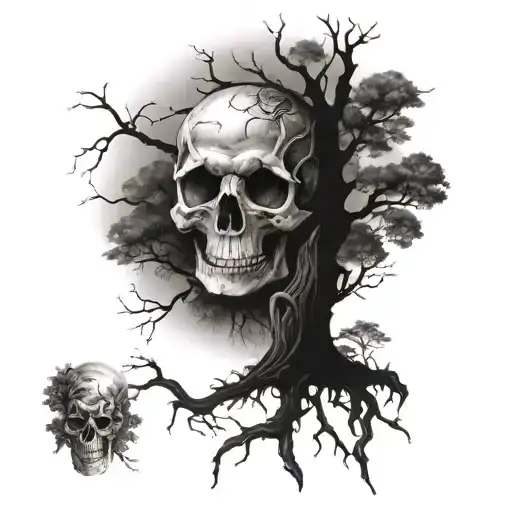 Nature scene with intertwining trees and skulls forming a dark and mysterious forest tattoo design idea