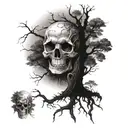 Nature scene with intertwining trees and skulls forming a dark and mysterious forest tattoo design idea